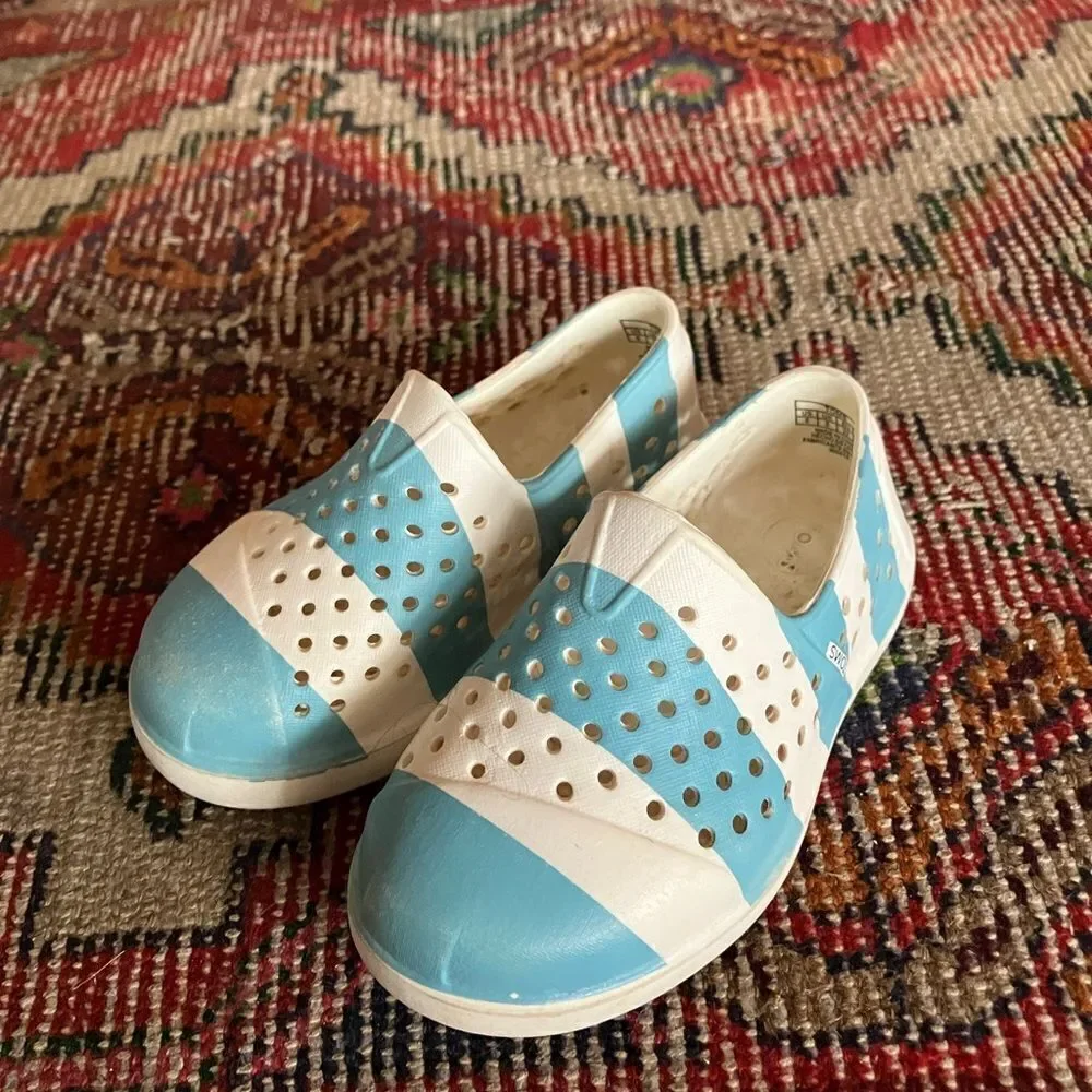 Toms Blue and White Shoes with Slip-On Style and Ventilated Design